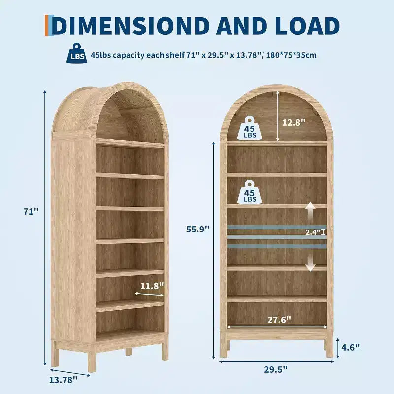 CuisinSmart Vitrine de style rustique à 7 niveaux avec étagères réglables, Bibliothèque haute autoportante à arche pour garde-manger de cuisine ou salon