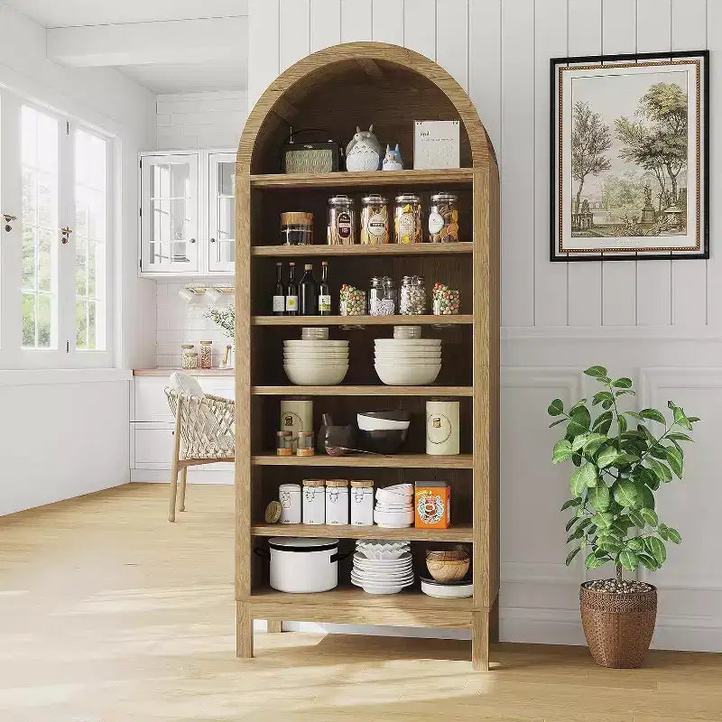 CuisinSmart Vitrine de style rustique à 7 niveaux avec étagères réglables, Bibliothèque haute autoportante à arche pour garde-manger de cuisine ou salon