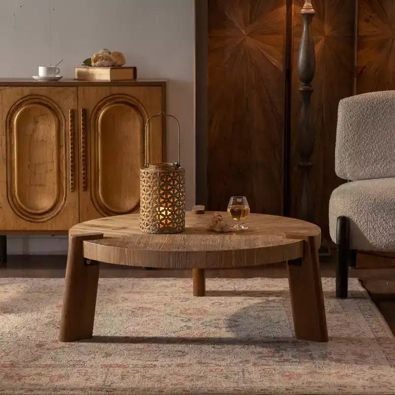 Rustic Round Wood Coffee Table, Natural Center Table Accent Table - ModernLuxe