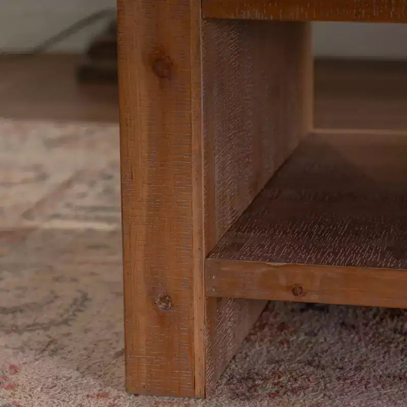 Table basse rectangulaire rustique avec étagère de rangement, grande table d'appoint à 2 niveaux en bois massif, couleur naturelle - ModernLuxe