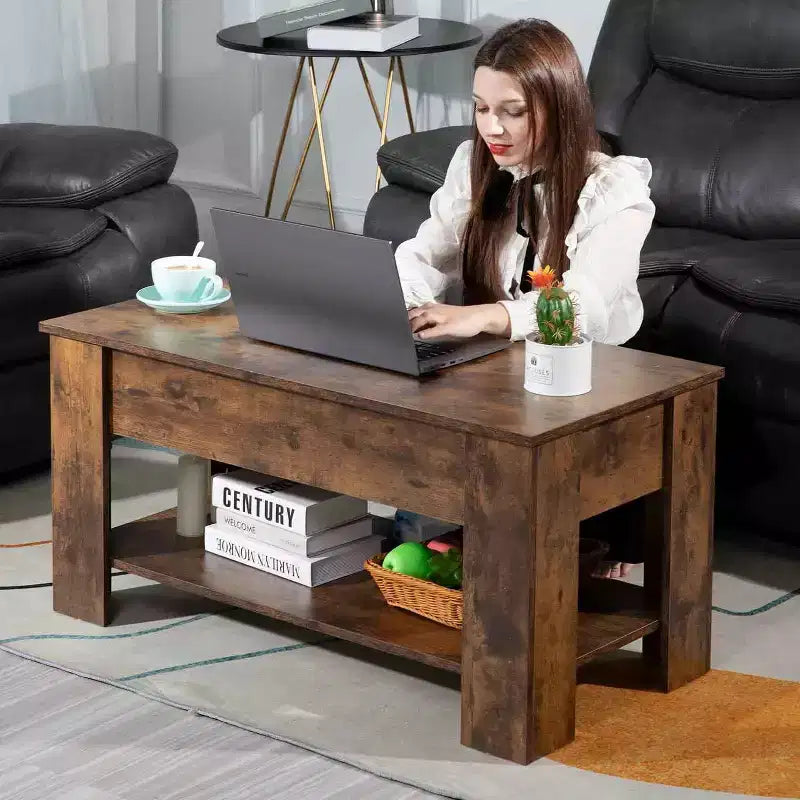 Table basse relevable FDW avec compartiment caché et étagère de rangement, plateau relevable en bois pour salon, salle de réception, bureau, 39,4, marron
