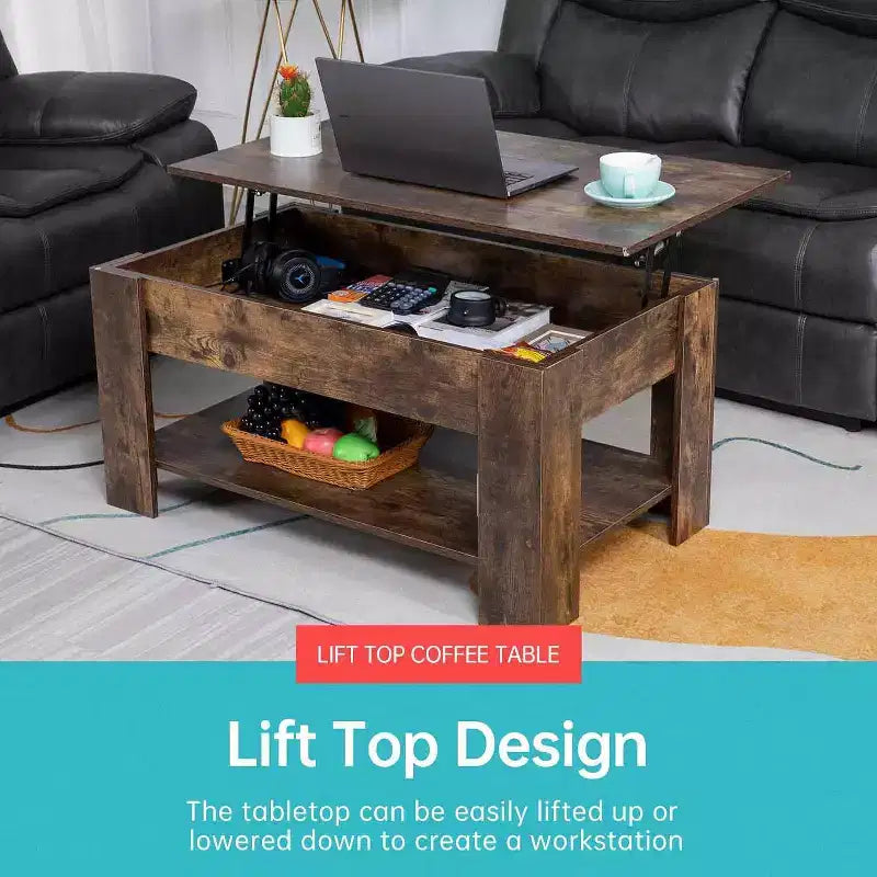 Table basse relevable FDW avec compartiment caché et étagère de rangement, plateau relevable en bois pour salon, salle de réception, bureau, 39,4, marron