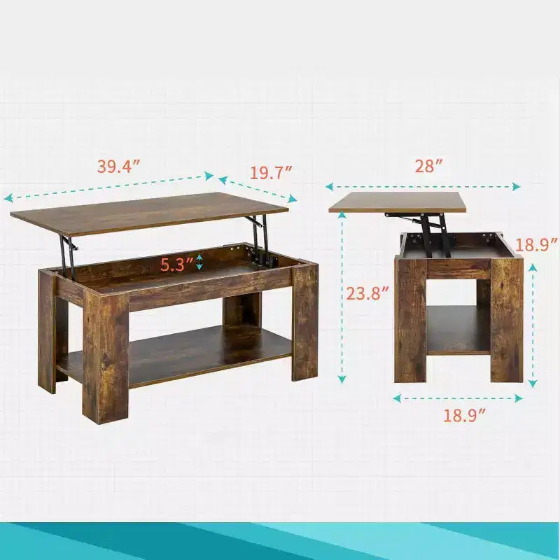 Table basse relevable FDW avec compartiment caché et étagère de rangement, plateau relevable en bois pour salon, salle de réception, bureau, 39,4, marron