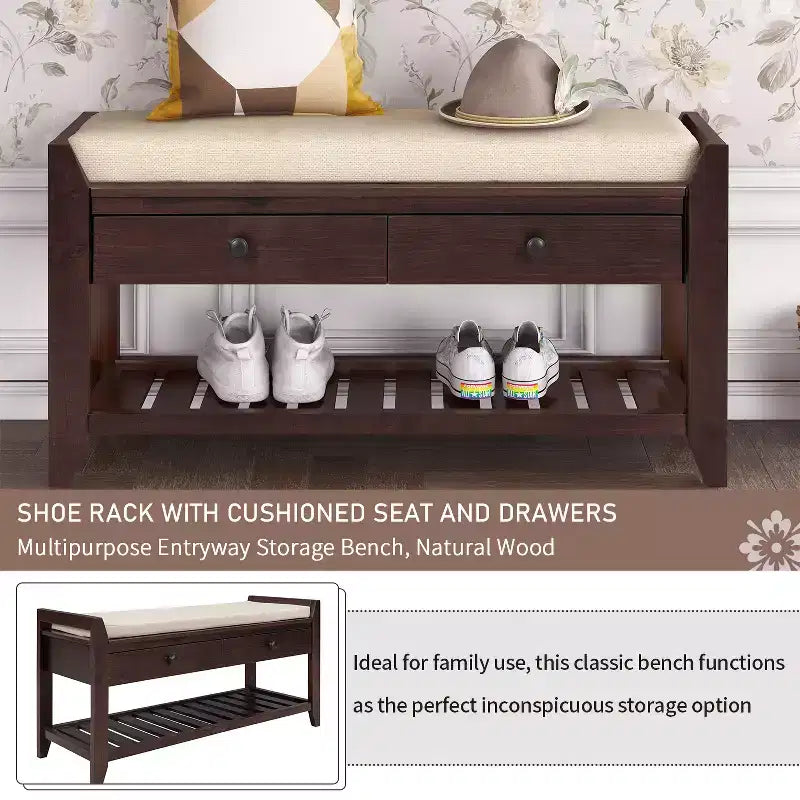 Banc de rangement multi-usage en bois massif GDFStudio Judith avec siège rembourré et tiroirs