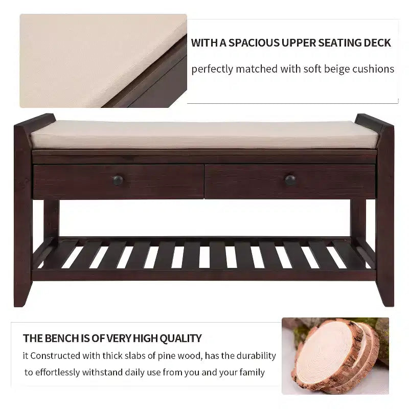 Banc de rangement multi-usage en bois massif GDFStudio Judith avec siège rembourré et tiroirs