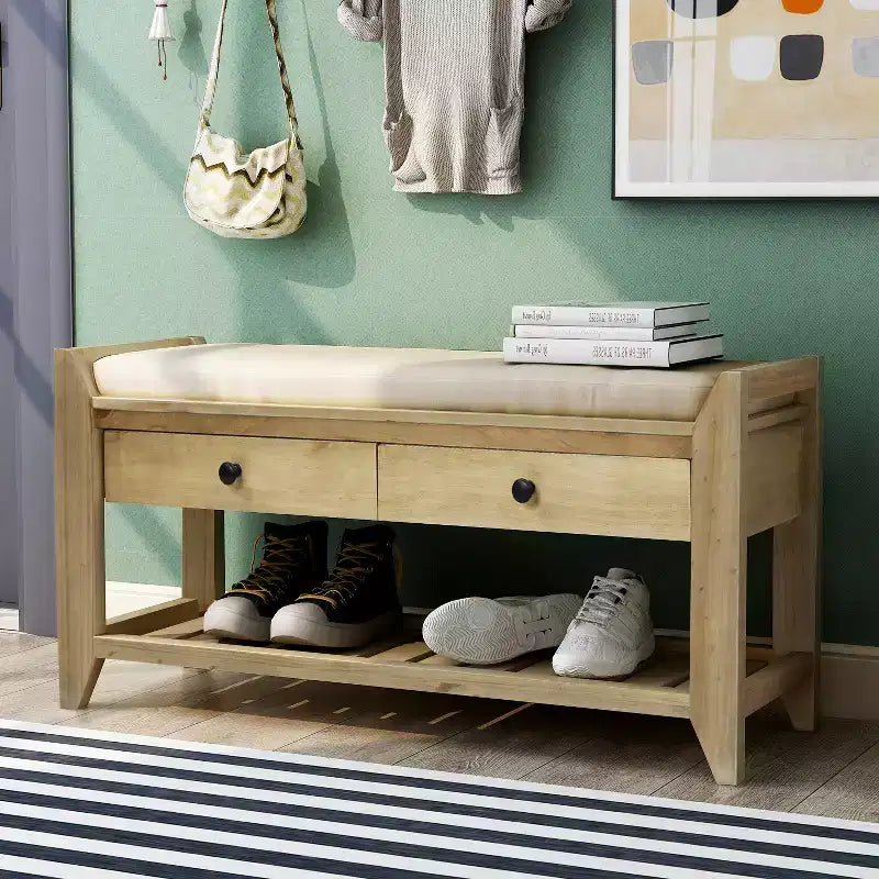 Banc de rangement multi-usage en bois massif GDFStudio Judith avec siège rembourré et tiroirs