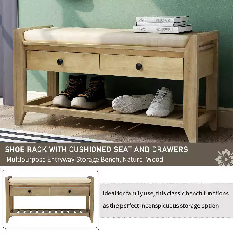 Banc de rangement multi-usage en bois massif GDFStudio Judith avec siège rembourré et tiroirs