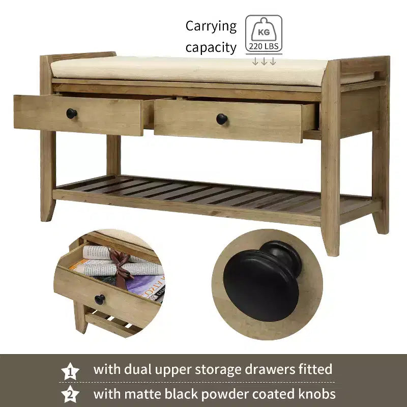 Banc de rangement multi-usage en bois massif GDFStudio Judith avec siège rembourré et tiroirs