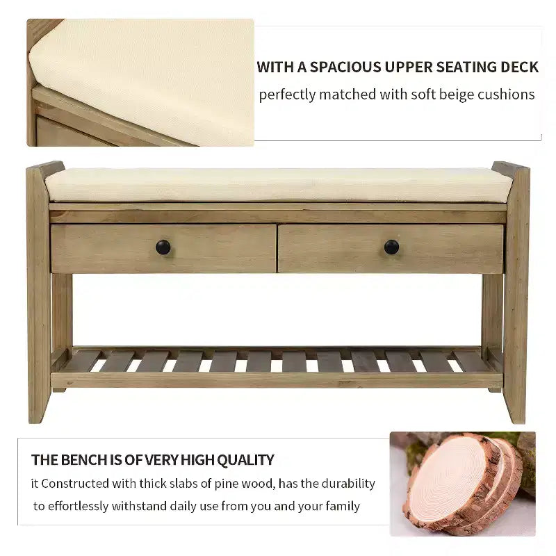 Banc de rangement multi-usage en bois massif GDFStudio Judith avec siège rembourré et tiroirs