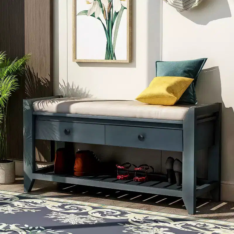 Banc de rangement multi-usage en bois massif GDFStudio Judith avec siège rembourré et tiroirs