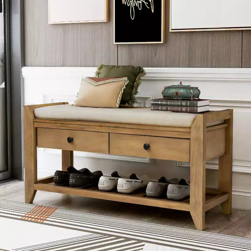 Banc de rangement multi-usage en bois massif GDFStudio Judith avec siège rembourré et tiroirs