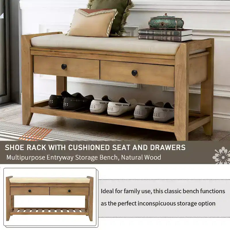 Banc de rangement multi-usage en bois massif GDFStudio Judith avec siège rembourré et tiroirs