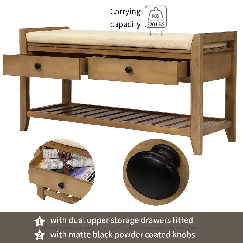 Banc de rangement multi-usage en bois massif GDFStudio Judith avec siège rembourré et tiroirs