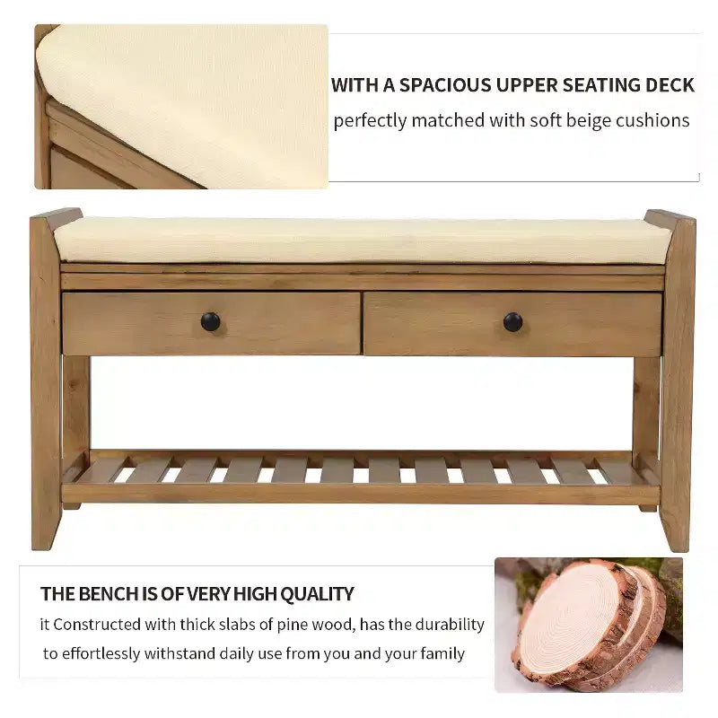 Banc de rangement multi-usage en bois massif GDFStudio Judith avec siège rembourré et tiroirs
