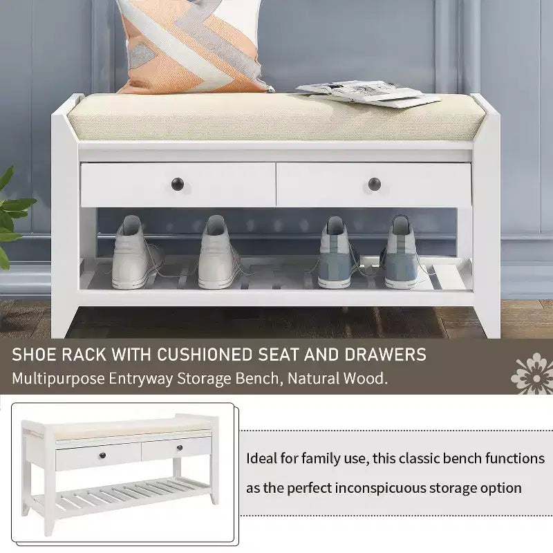 Banc de rangement multi-usage en bois massif GDFStudio Judith avec siège rembourré et tiroirs