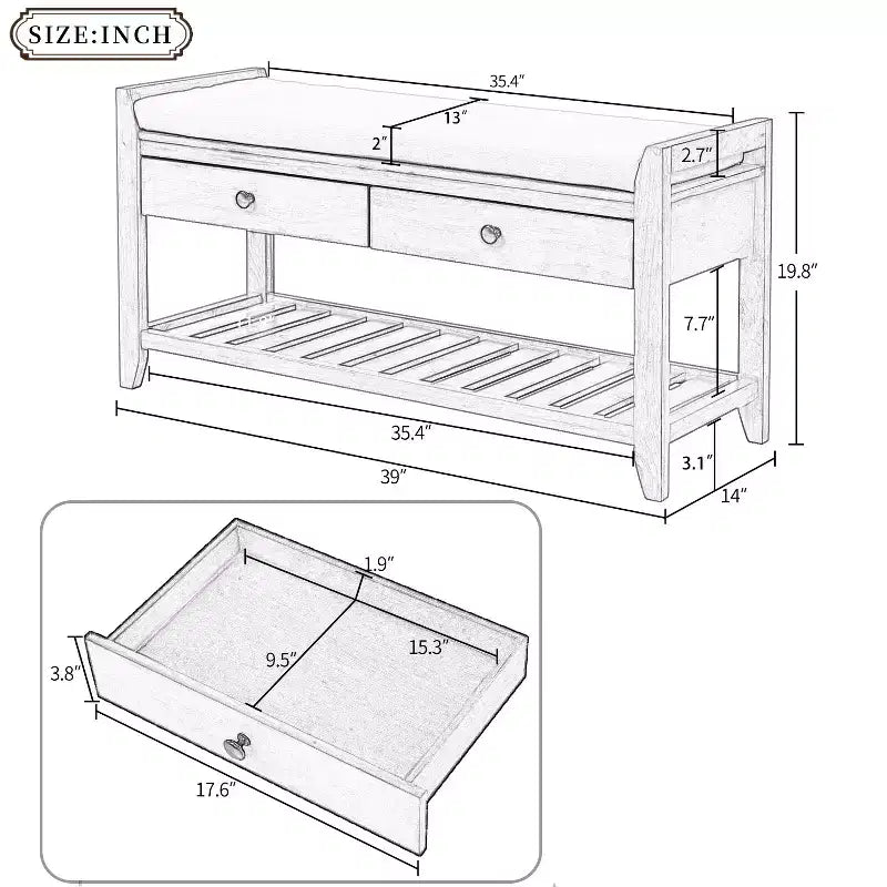 Banc de rangement multi-usage en bois massif GDFStudio Judith avec siège rembourré et tiroirs