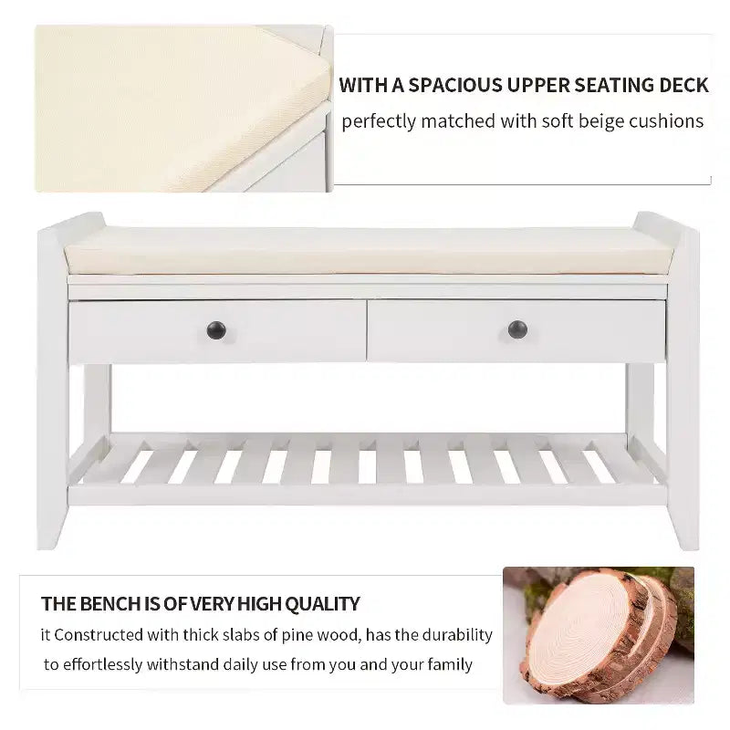 Banc de rangement multi-usage en bois massif GDFStudio Judith avec siège rembourré et tiroirs