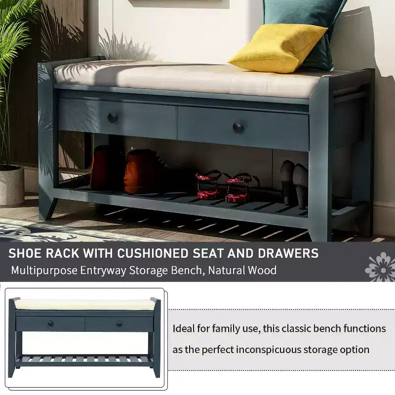 Banc de rangement multi-usage en bois massif GDFStudio Judith avec siège rembourré et tiroirs