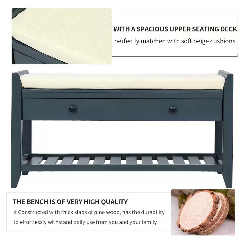 Banc de rangement multi-usage en bois massif GDFStudio Judith avec siège rembourré et tiroirs