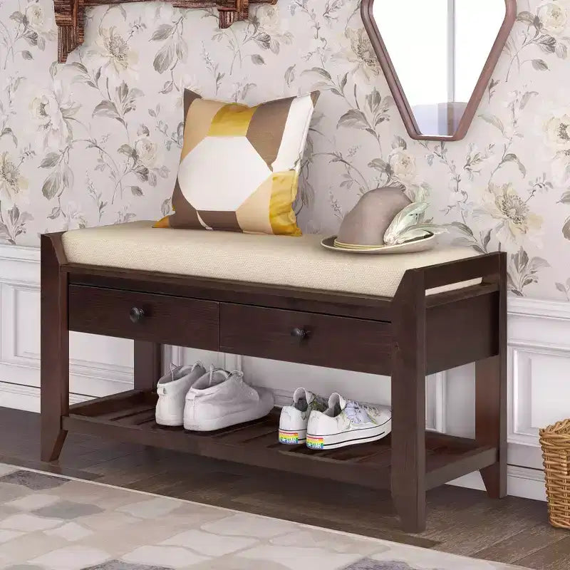 Banc de rangement multi-usage en bois massif GDFStudio Judith avec siège rembourré et tiroirs