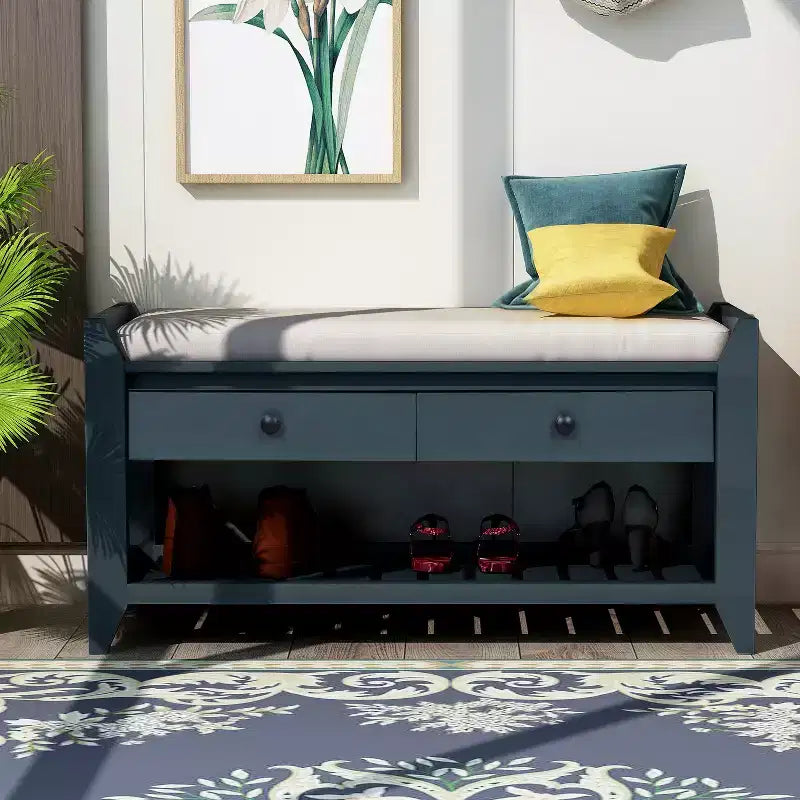 GDFStudio Judith Solid Wood Multipurpose Storage Bench With Cushioned Seat and Drawers