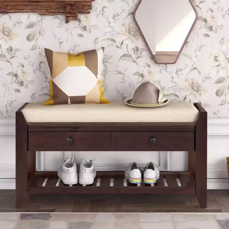Banc de rangement multi-usage en bois massif GDFStudio Judith avec siège rembourré et tiroirs
