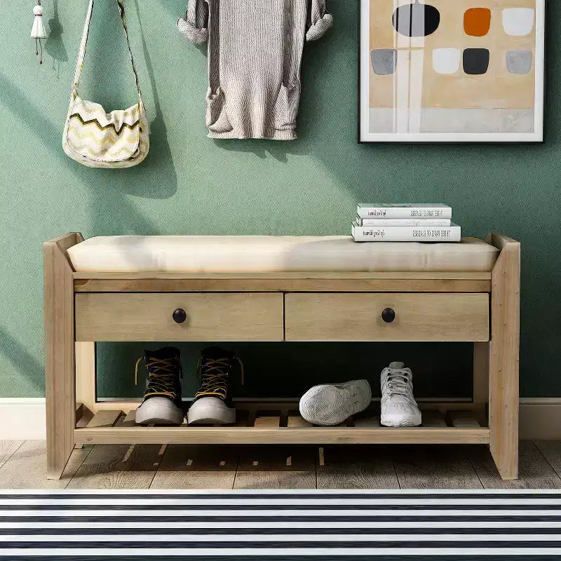 Banc de rangement multi-usage en bois massif GDFStudio Judith avec siège rembourré et tiroirs