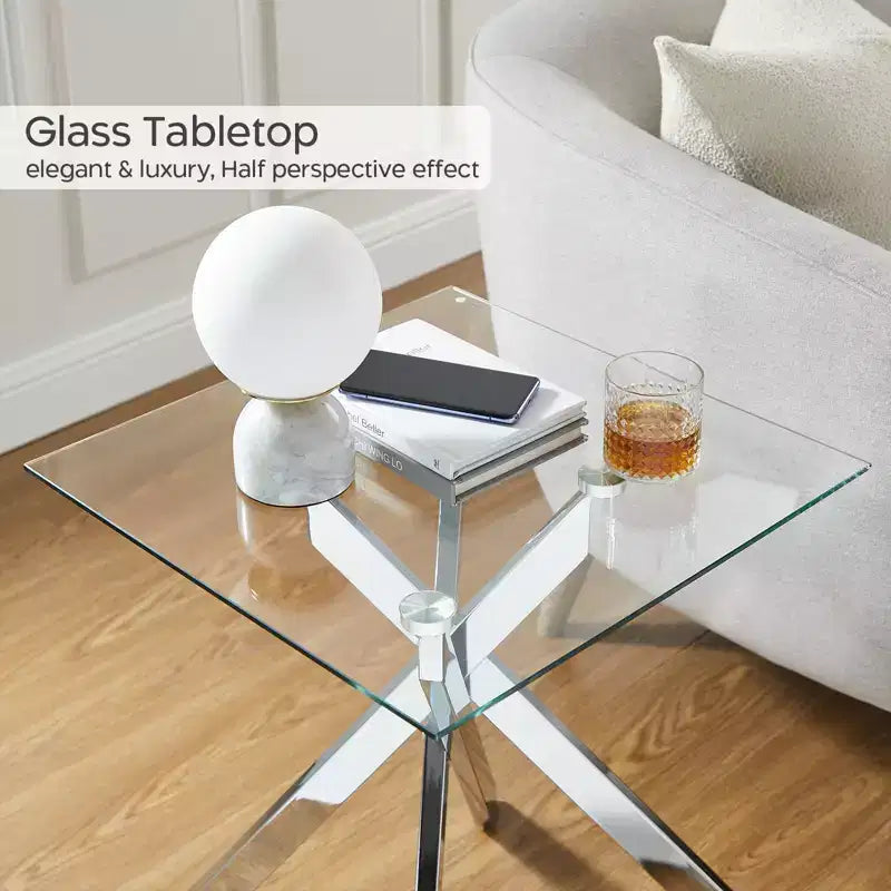 Table d'appoint moderne en verre Hues avec plateau en verre trempé et pieds en métal pour salon