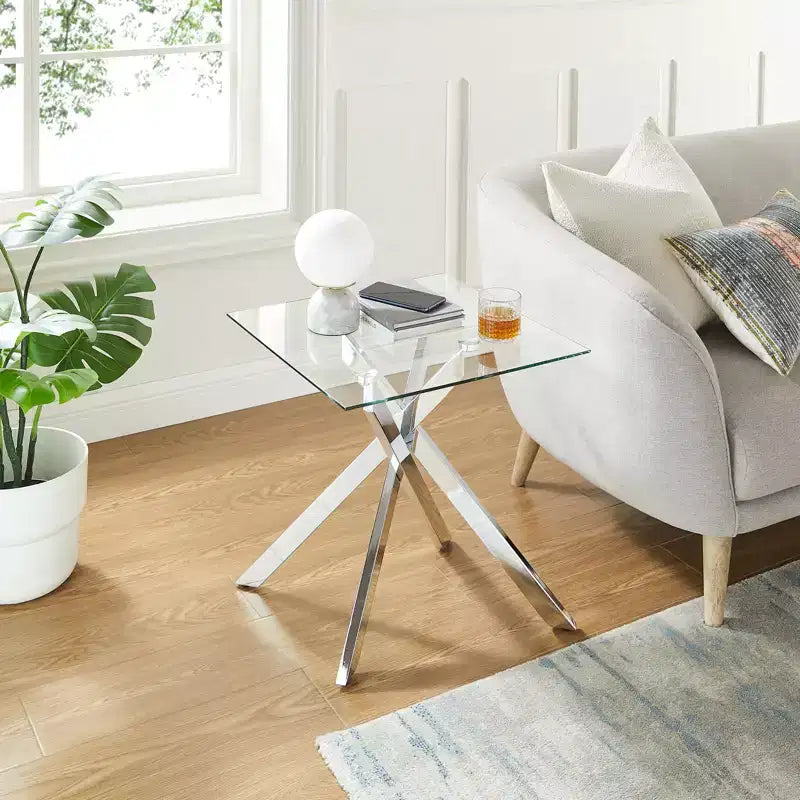 Table d'appoint moderne en verre Hues avec plateau en verre trempé et pieds en métal pour salon