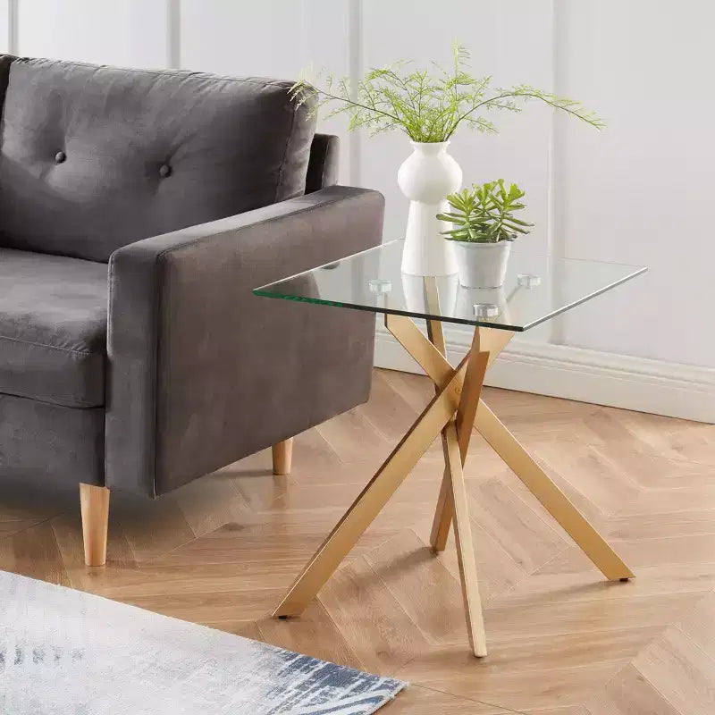 Table d'appoint moderne en verre Hues avec plateau en verre trempé et pieds en métal pour salon