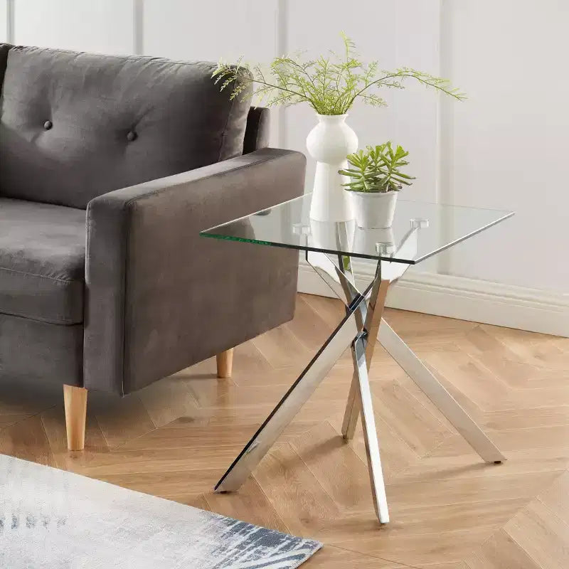 Table d'appoint moderne en verre Hues avec plateau en verre trempé et pieds en métal pour salon