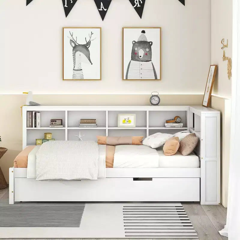 Lit de repos double en bois Bellemave avec tiroir gigogne, bibliothèque de rangement et station de charge USB, Blanc