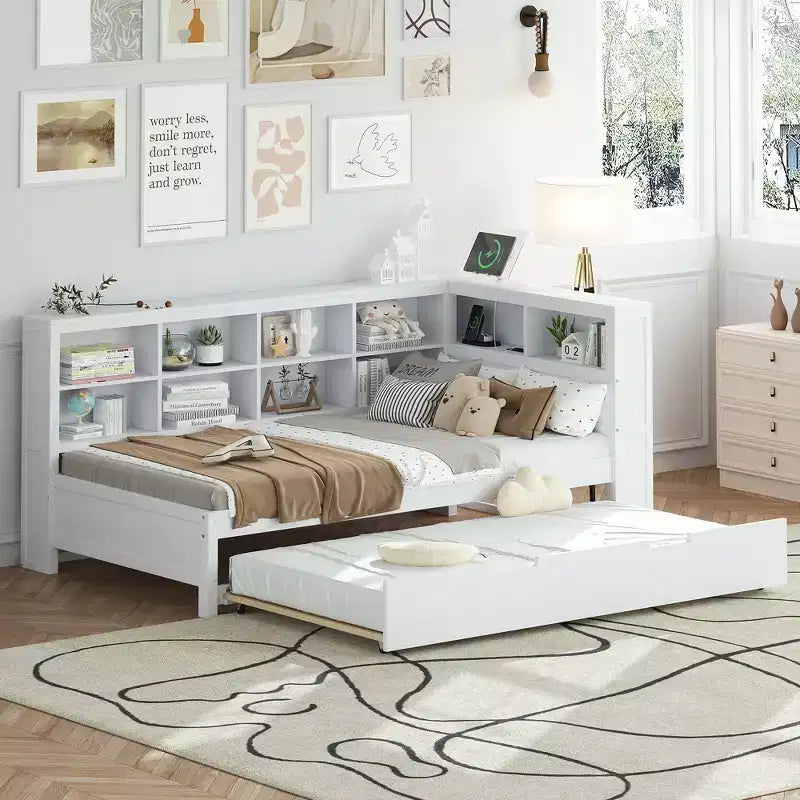 Lit de repos double en bois Bellemave avec tiroir gigogne, bibliothèque de rangement et station de charge USB, Blanc