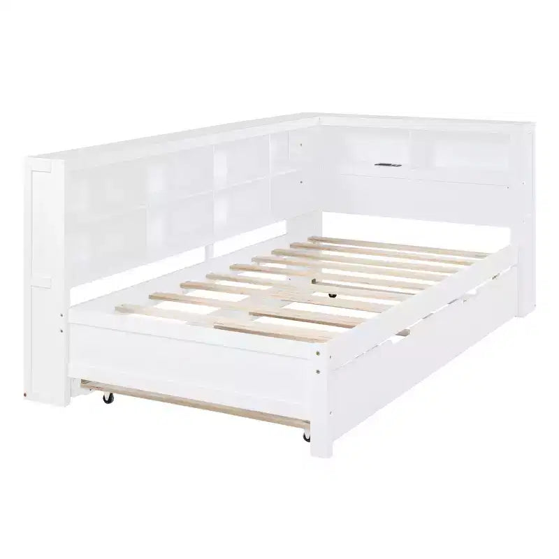 Lit de repos double en bois Bellemave avec tiroir gigogne, bibliothèque de rangement et station de charge USB, Blanc