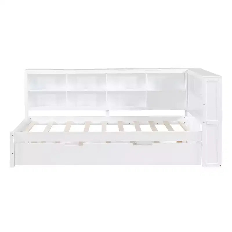 Lit de repos double en bois Bellemave avec tiroir gigogne, bibliothèque de rangement et station de charge USB, Blanc