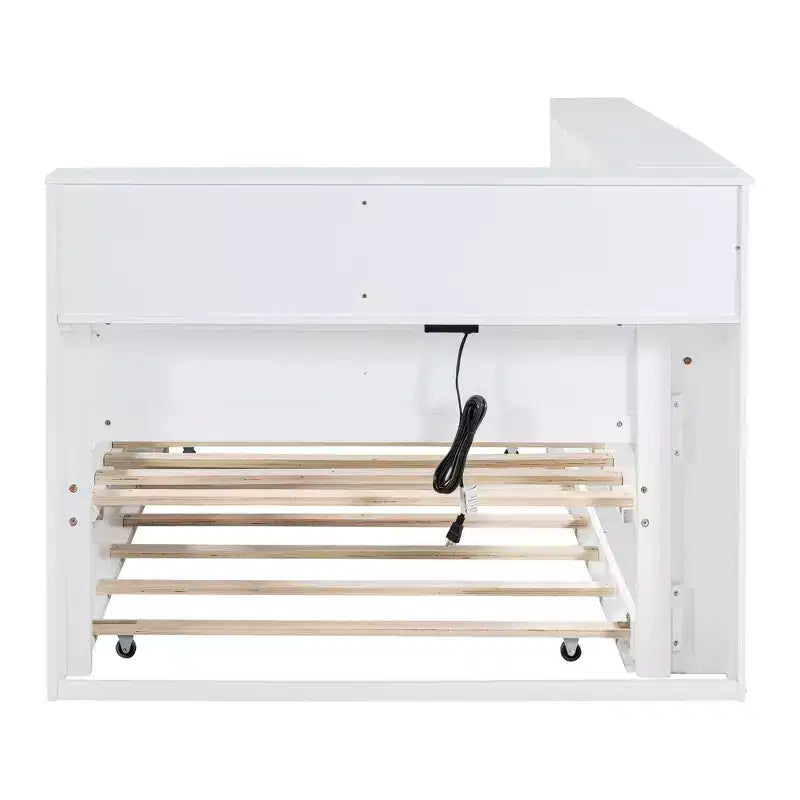 Lit de repos double en bois Bellemave avec tiroir gigogne, bibliothèque de rangement et station de charge USB, Blanc