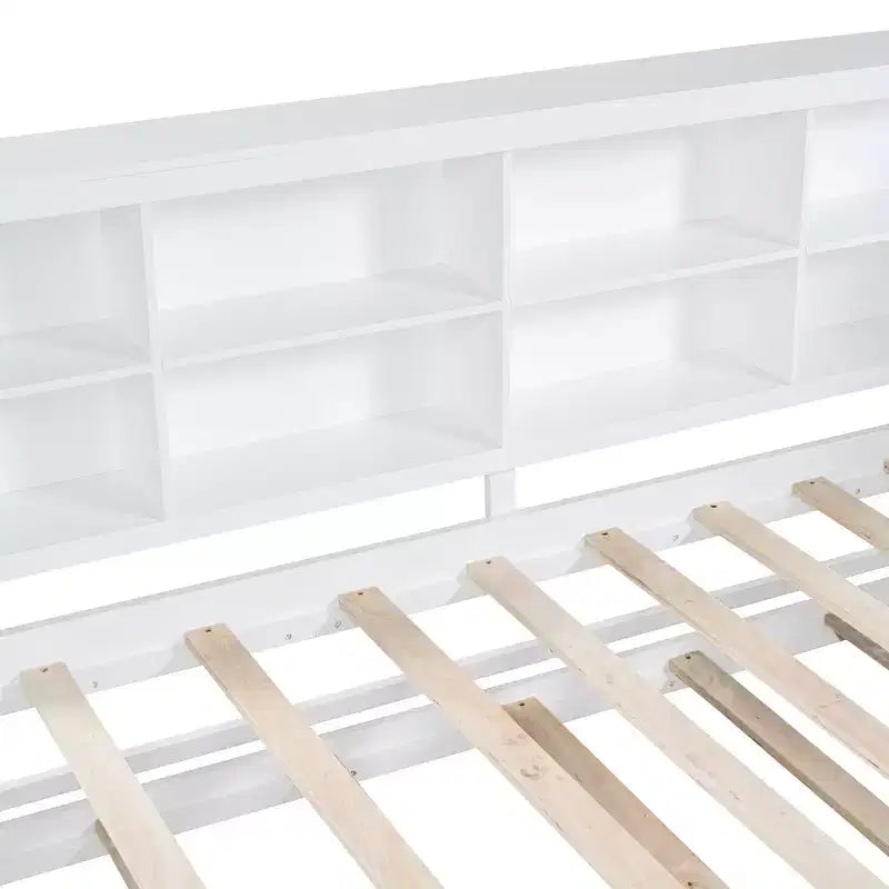 Lit de repos double en bois Bellemave avec tiroir gigogne, bibliothèque de rangement et station de charge USB, Blanc