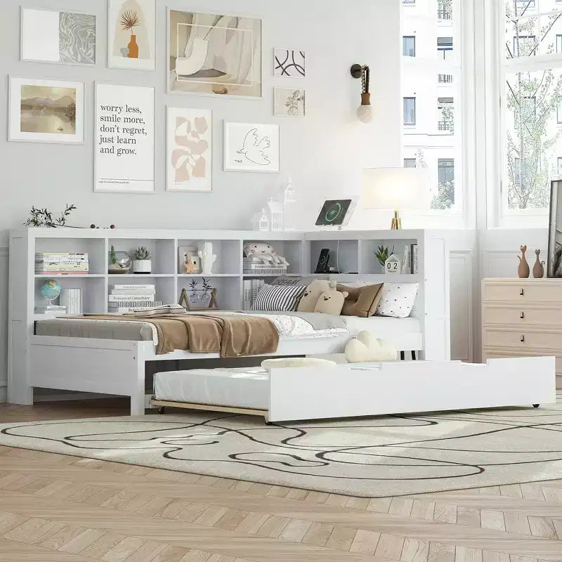 Lit de repos double en bois Bellemave avec tiroir gigogne, bibliothèque de rangement et station de charge USB, Blanc