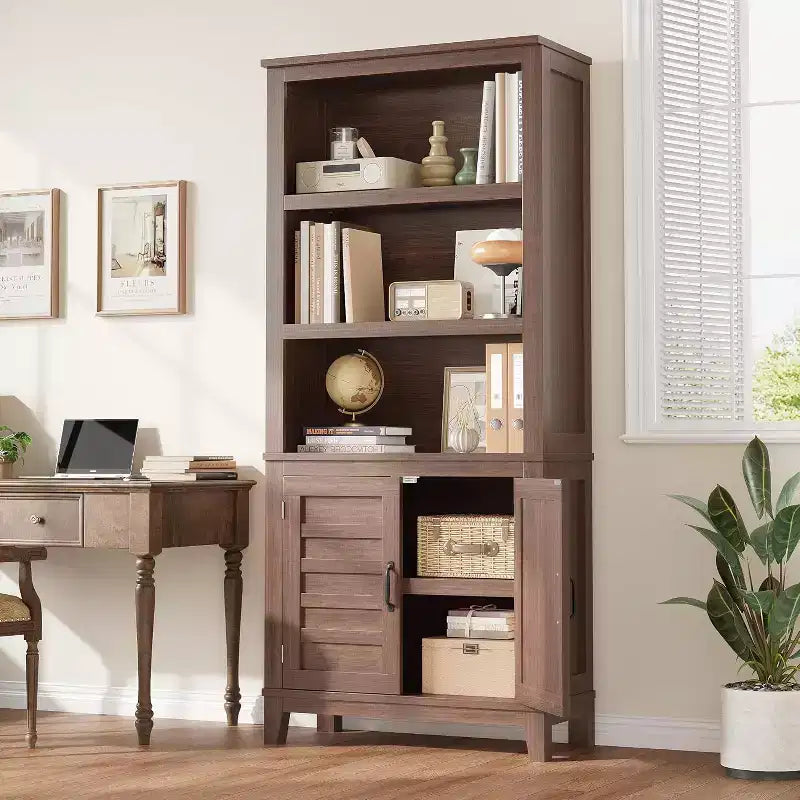 Acekool Étagère 5 niveaux avec porte, bibliothèque rustique de style ferme, étagère de rangement vintage couleur noyer pour bureau à domicile, lot de 2