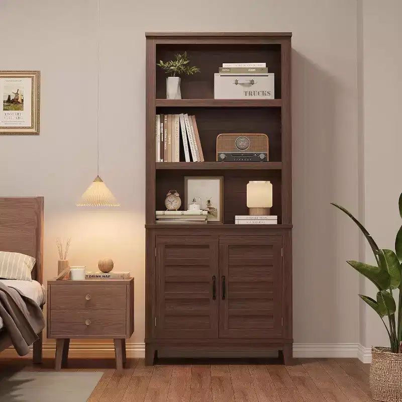 Acekool Étagère 5 niveaux avec porte, bibliothèque rustique de style ferme, étagère de rangement vintage couleur noyer pour bureau à domicile, lot de 2