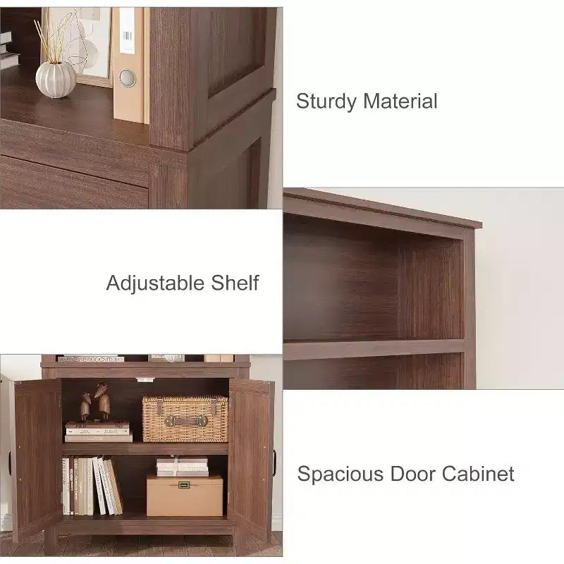 Acekool Étagère 5 niveaux avec porte, bibliothèque rustique de style ferme, étagère de rangement vintage couleur noyer pour bureau à domicile, lot de 2