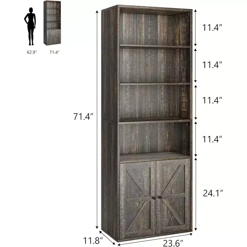 Acekool 71,4 - Bibliothèque grise avec portes, étagère de style ferme industriel à 6 niveaux, armoire de rangement profonde, lot de 2