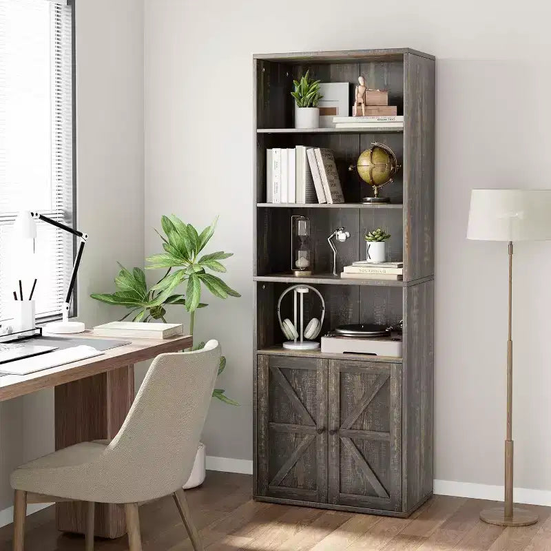 Acekool 71,4 - Bibliothèque grise avec portes, étagère de style ferme industriel à 6 niveaux, armoire de rangement profonde, lot de 2