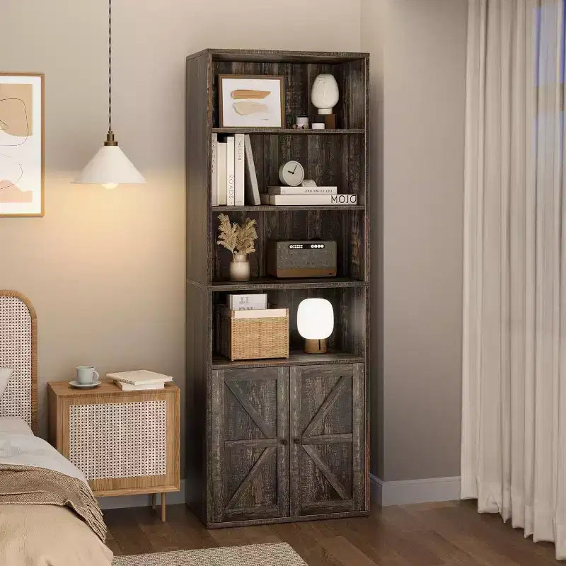 Acekool 71,4 - Bibliothèque grise avec portes, étagère de style ferme industriel à 6 niveaux, armoire de rangement profonde, lot de 2