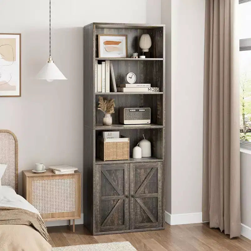 Acekool 71,4 - Bibliothèque grise avec portes, étagère de style ferme industriel à 6 niveaux, armoire de rangement profonde, lot de 2
