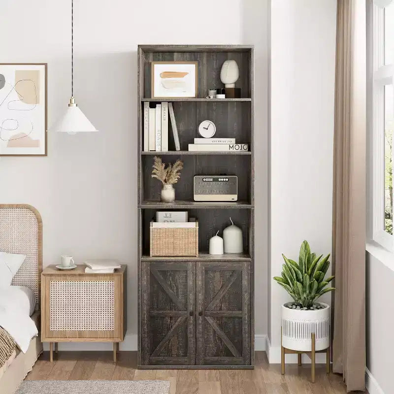 Acekool 71,4 - Bibliothèque grise avec portes, étagère de style ferme industriel à 6 niveaux, armoire de rangement profonde, lot de 2