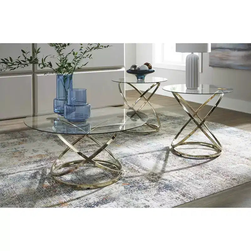 Signature Design by Ashley Crimonti - Ensemble de 3 tables basses en verre avec tables d'appoint – Fini or champagne
