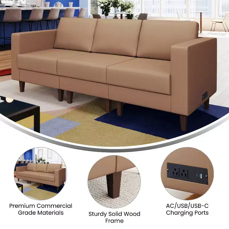 Flash Furniture HERCULES Artemis Canapé de réception rembourré avec 4 prises de courant alternatif/2 ports USB/2 ports USB-C et pieds en bois de noyer avec patins réglables