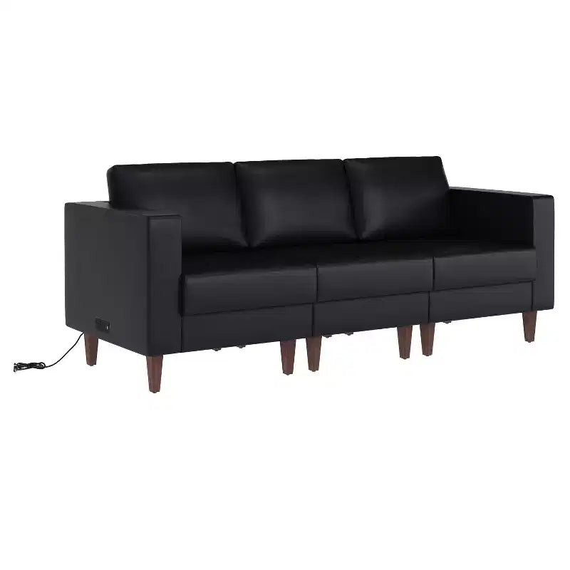 Flash Furniture HERCULES Artemis Canapé de réception rembourré avec 4 prises de courant alternatif/2 ports USB/2 ports USB-C et pieds en bois de noyer avec patins réglables