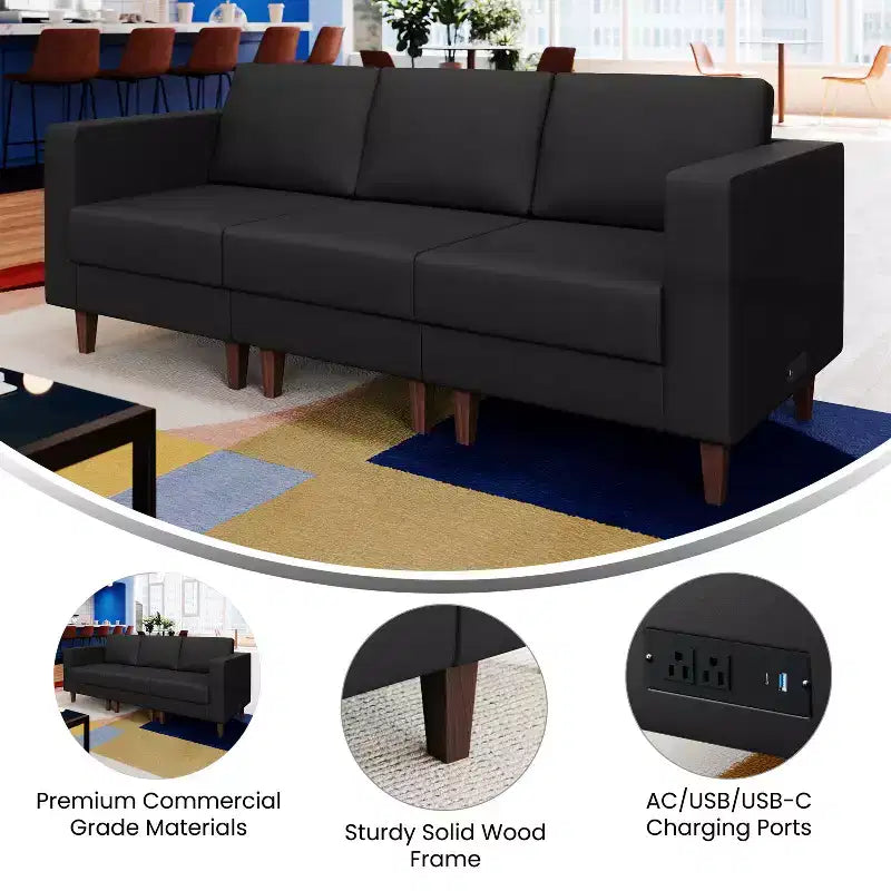 Flash Furniture HERCULES Artemis Canapé de réception rembourré avec 4 prises de courant alternatif/2 ports USB/2 ports USB-C et pieds en bois de noyer avec patins réglables
